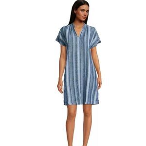 Lands End 100% LINEN STRIPED SIDE POCKETS SHORT SLEEVE SIDE SLITS DRESS Medium